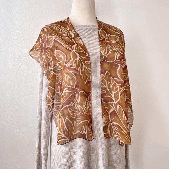 Vintage Semi Sheer Scarf Wrap Boho Fall Leaf Floral Earthy Brown Tan Green - Picture 1 of 5